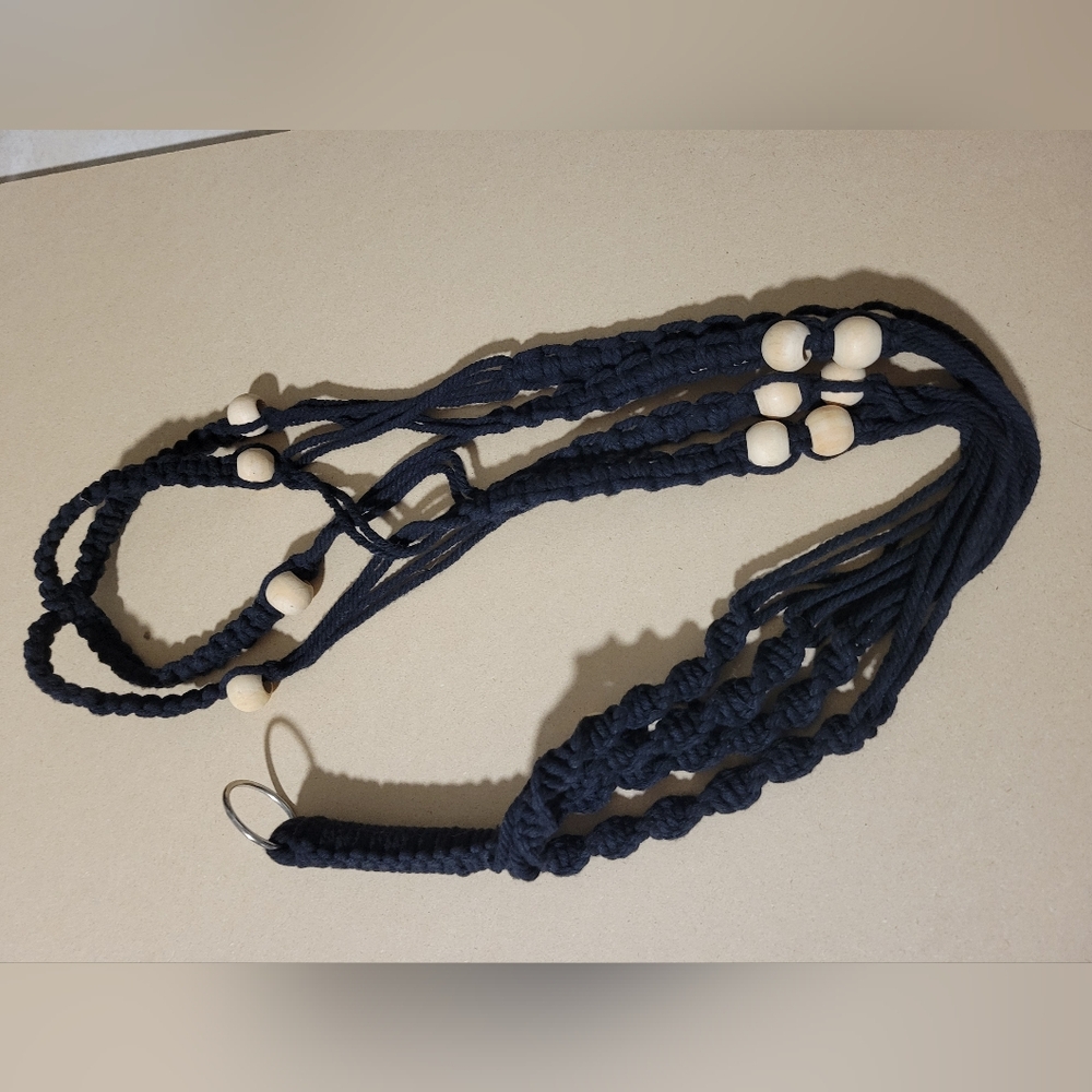 Black Macrame Plant Hanger with Wooden Beads
